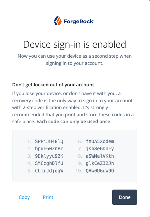 The Recovery Code Display node in context