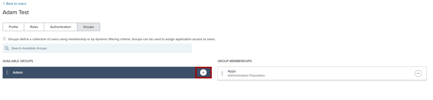 Screen capture of PingOne user with the + icon next to Admin highlighted in red.