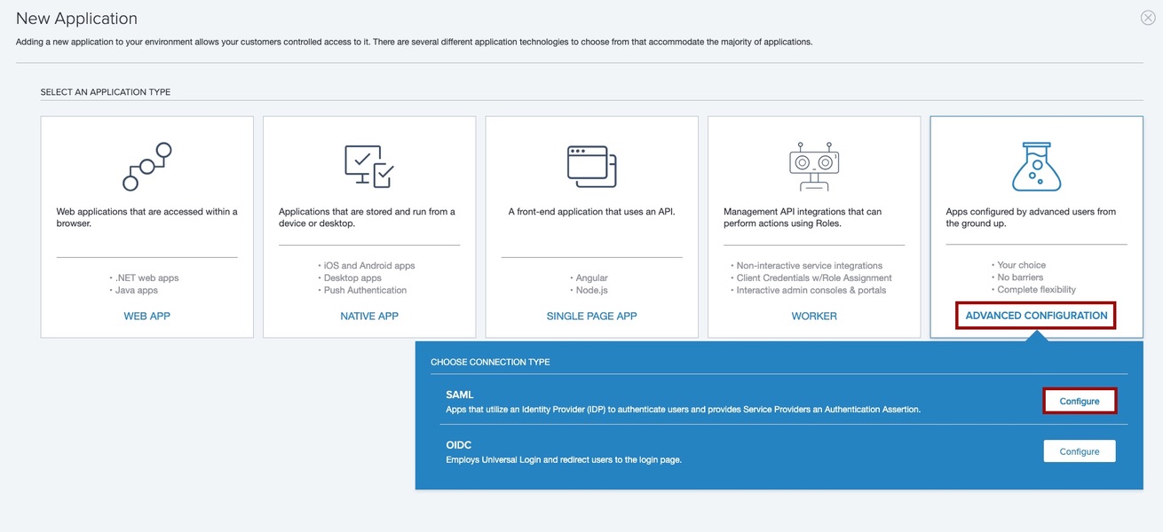 Screen capture of PingOne new application section with advanced configuration highlighted in red.