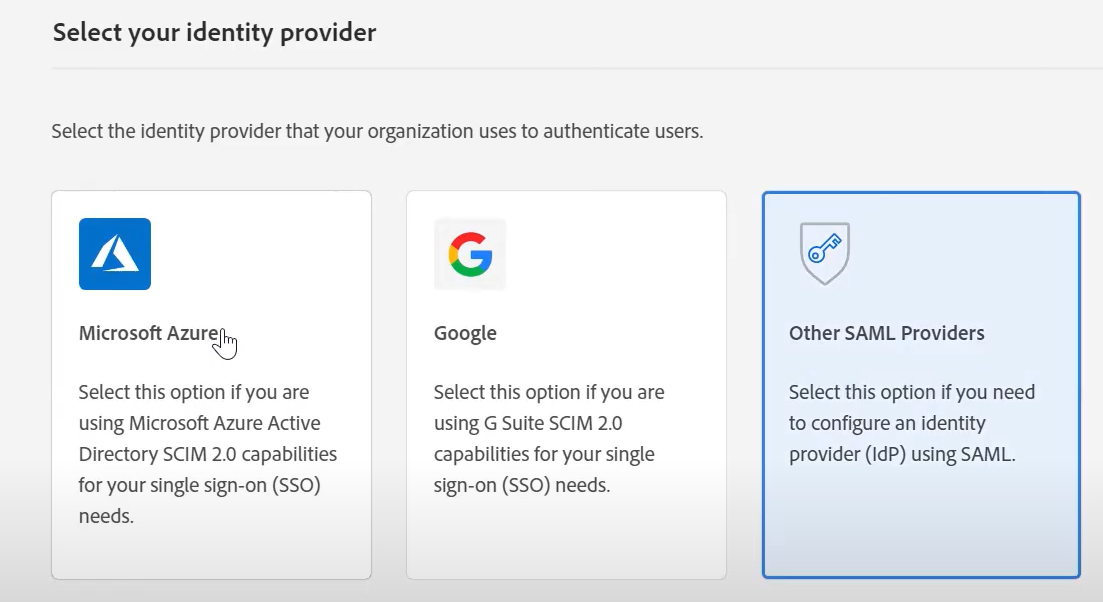 Screen capture of Adobe administration console with Other SAML Providers selected as the identity provider.