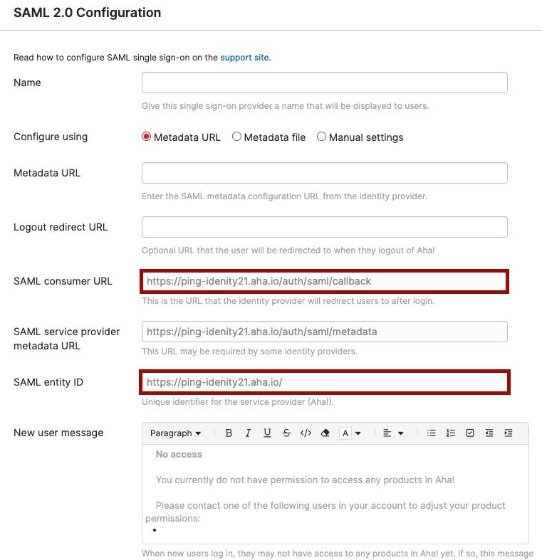 Screen capture of Aha! Ideas SAML 2.0 Configuration settings with the SAML consumer ID and SAML entity ID highlighted in red.