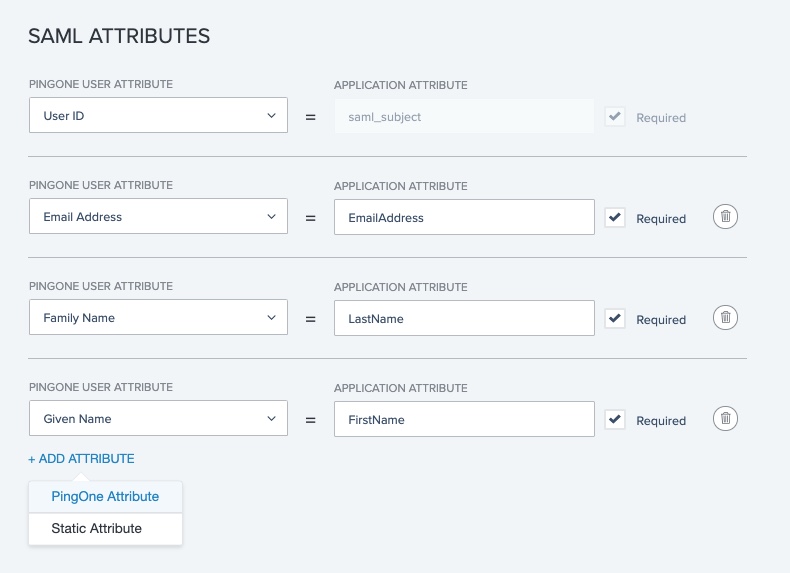 Screen capture of PingOne SAML Attribute mapping section.