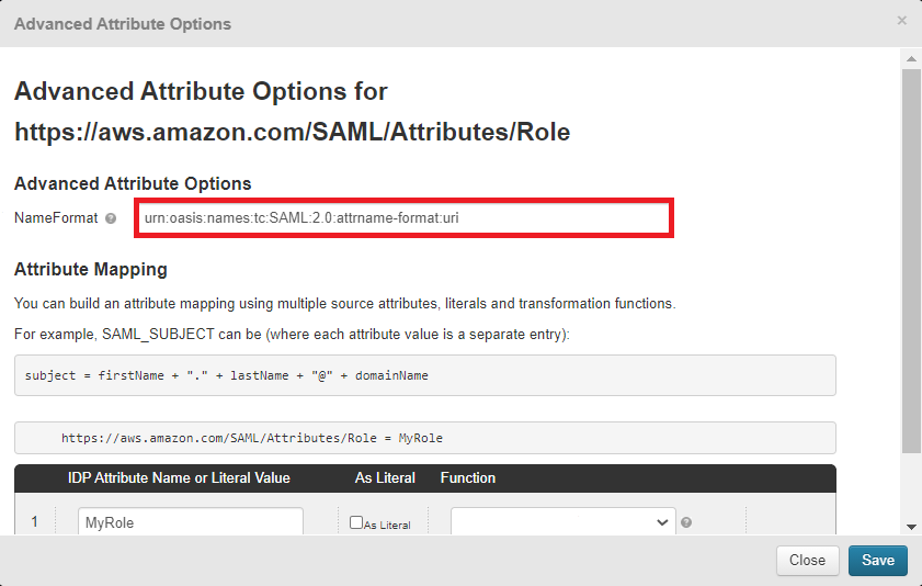 The AWS Advanced Attribute Options menu. The NameFormat value is highlighted in red.