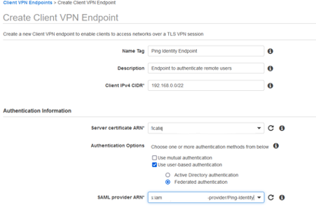 Screen capture of Amazon VPC Create Client VPN Endpoint section.