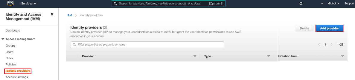 The IAM menu in AWS. In the sidebar, Identity providers is outlined in red.