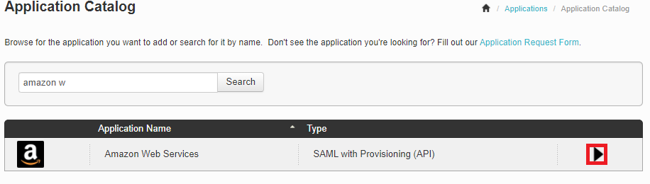 PingOne Application catalog showing the results of a search for Amazon Web Services. The right arrow is highlighted.