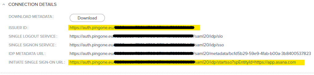 Screen capture of PingOne SAML Connection Details section with Issuer ID and Initiate SSO URL highlighted in yellow.