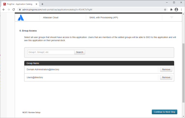 Screen capture of the admin page showing the Group Access fields for the Application Catalog.