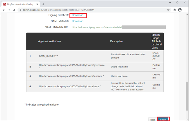 Screen capture of the admin page showing the Review Setup fields for the Application Catalog. The Signing Certificate Download button and the Finish buttons are highlighted.