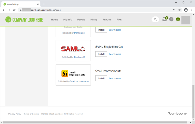 Screen capture illustrating the SAML SSO application available for installation.