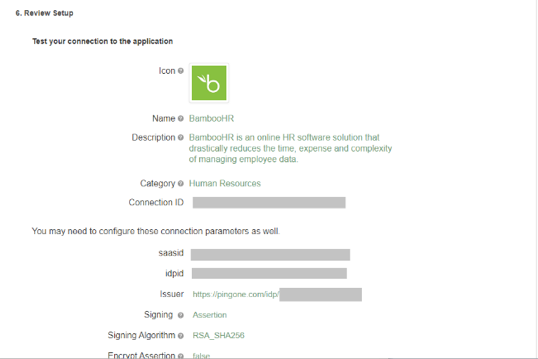 Screen capture of the PingOne for Enterprise Review Setup fields for the Application Catalog displaying the configured fields for review on the BambooHR application.