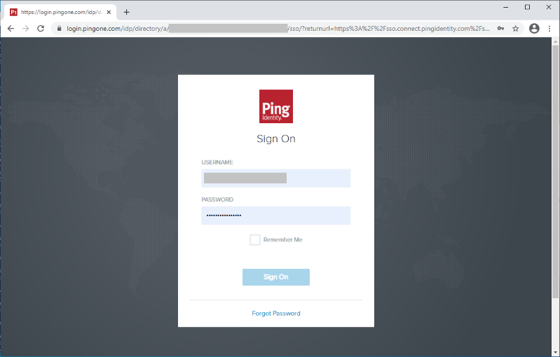 Screen capture of the IdP initiated SSO PingOne for Enterprise Application sign-on window.