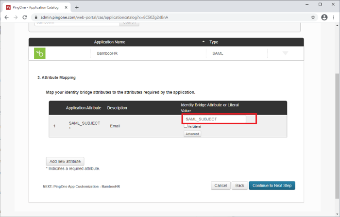 Screen capture of the PingOne for Enterprise Attribute Mapping fields for the Application Catalog. The Identity Bridge Attribute or Literal Value list for the SAML SUBJECT attribute is highlighted in red.