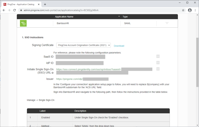 Screen capture of the PingOne for Enterprise SSO Instructions fields for the Application Catalog with the Signing Certificate list available for selection.