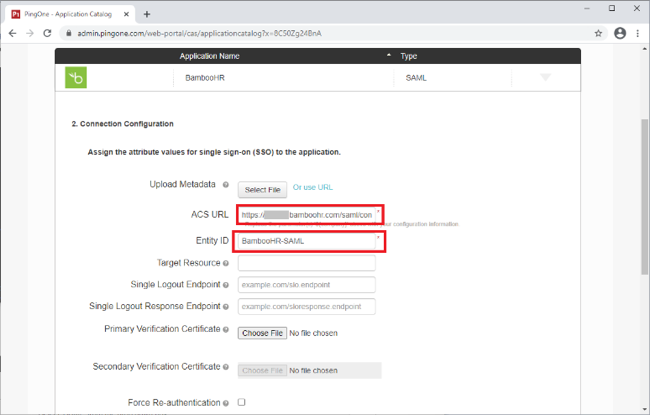 Screen capture of the Connection Configuration fields for the Application Catalog. The ACS URL and Entity ID fields are highlighted in red.