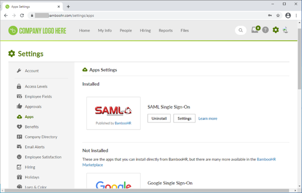 Screen capture of the Apps Settings on BambooHR, showing the SAML Single Sign-On application installed.