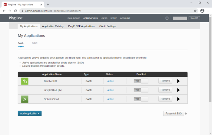 Screen capture of the PingOne for Enterprise My Applications page on the SAML tab showing the available applications added to the user account.