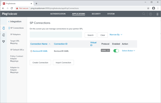 Screen capture illustrating the Applications > SP Connections page on the PingFederate administrative console.