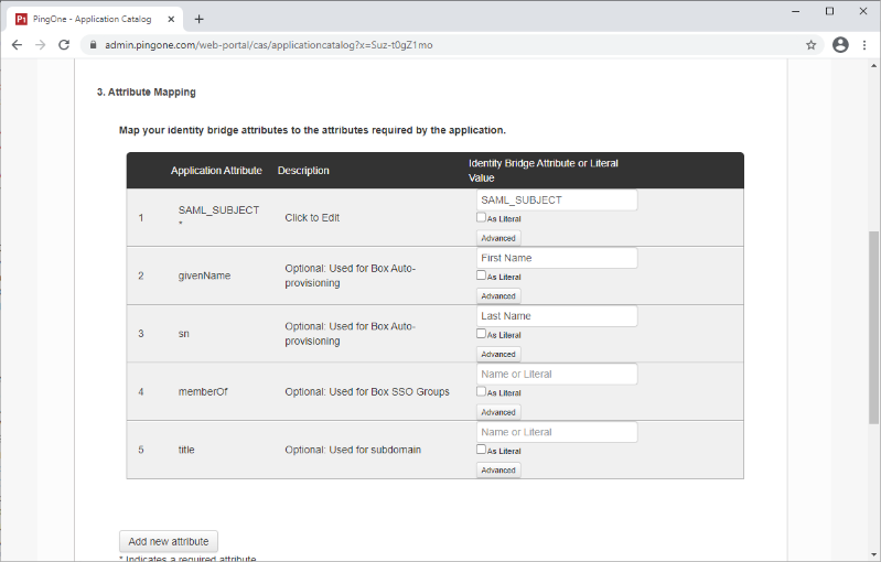 Screen capture of PingOne for Enterprise Attribute Mapping section with the SAML_SUBJECT, givenName, sn, memberOf, and title fields input to the Application Attribute table.