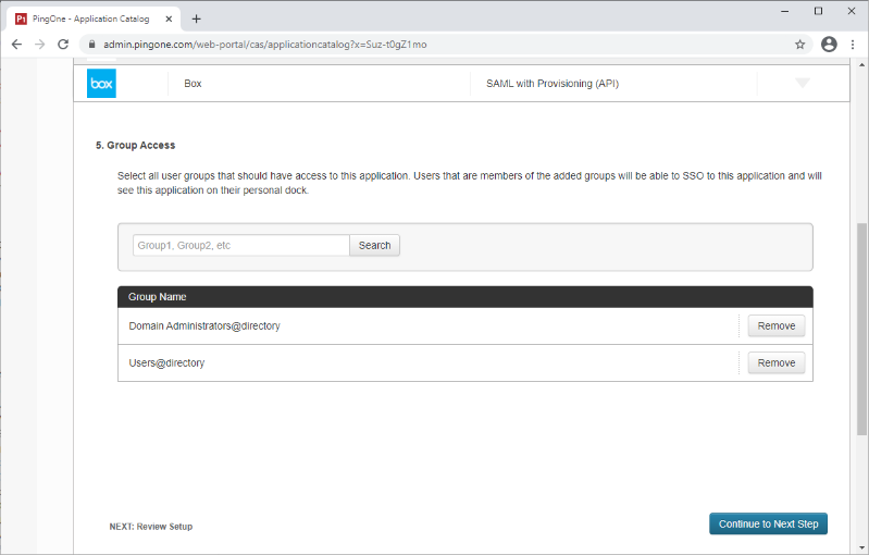 Screen capture of PingOne for Enterprise Group Access section with a search bar to search for applicable groups and add them to the table below it.