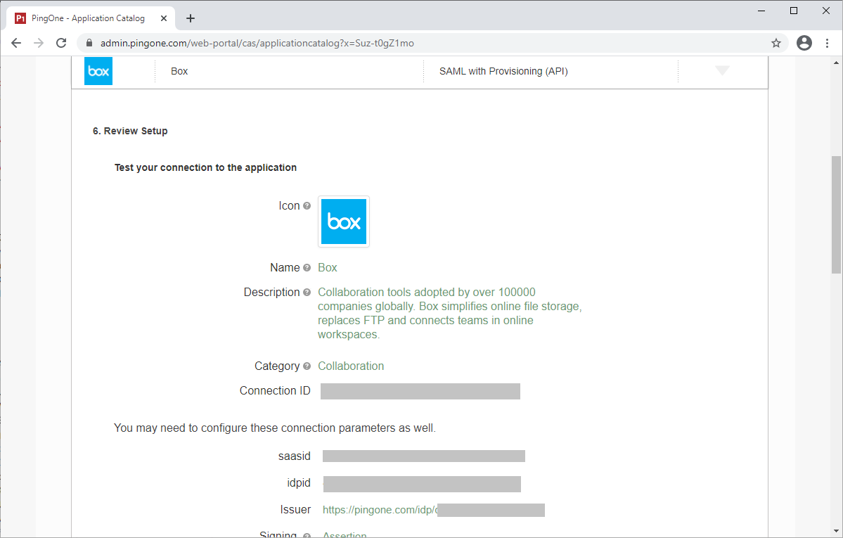 Screen capture of PingOne for Enterprise Review Setup section with all the previously populated Box application information displayed for reference and verification.