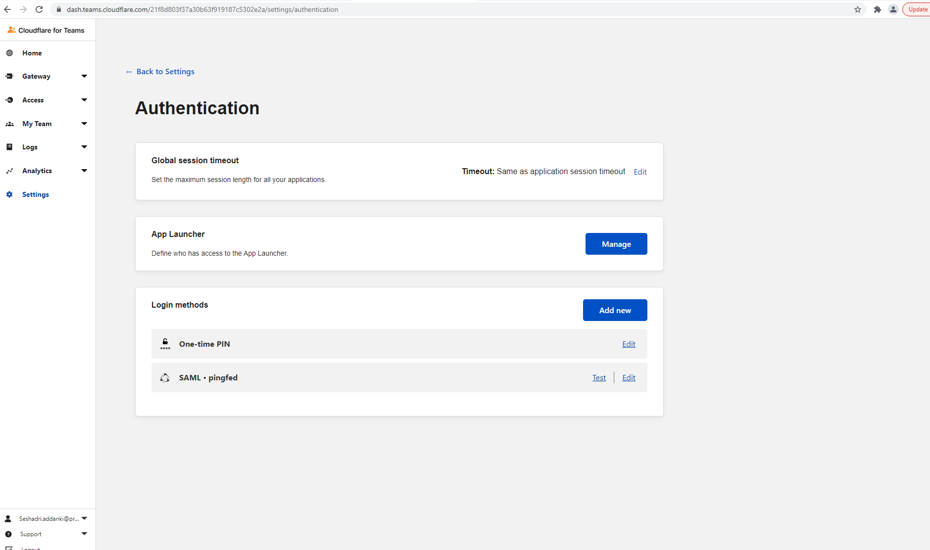 Screen capture of Cloudflare for Teams Authentication page.