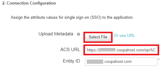 Screen capture of PingOne for Enterprise Connection Configuration section with the Select File button for Upload Metadata highlighted in red as well as the field for the ACS URL.