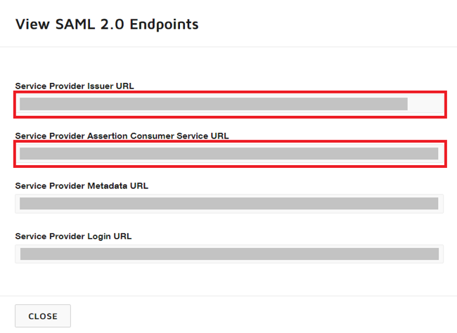 Screen capture of the Service Provider Issuer URL and Service Provider Assertion Consumer Service URL fields highlighted in red.