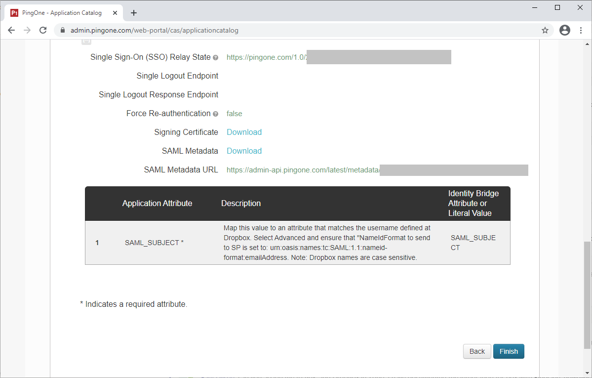 Continuing from the previous screen capture, continued PingOne for Enterprise Setup Review for the Dropbox application with redacted fields and an Application Attribute table for SAML_SUBJECT.