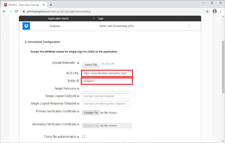 Screen capture of PingOne for Enterprise Application Connection Configuration section with the ACS URL and Entity ID fields highlighted in red.