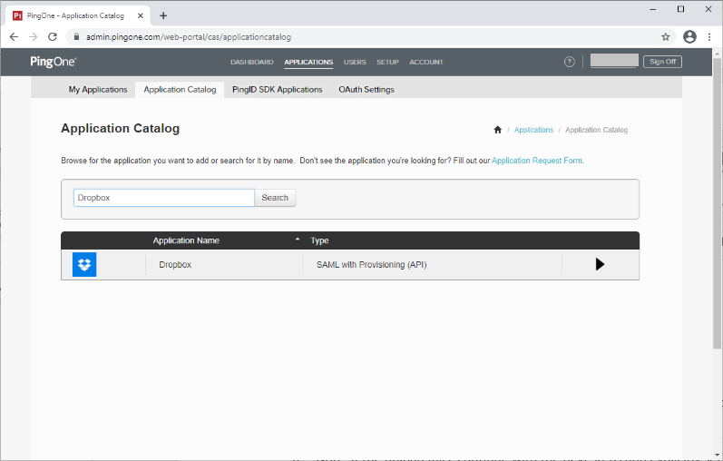 Screen capture of PingOne for Enterprise Application Catalog with the Dropbox SAML with Provisioning API displayed in the table.