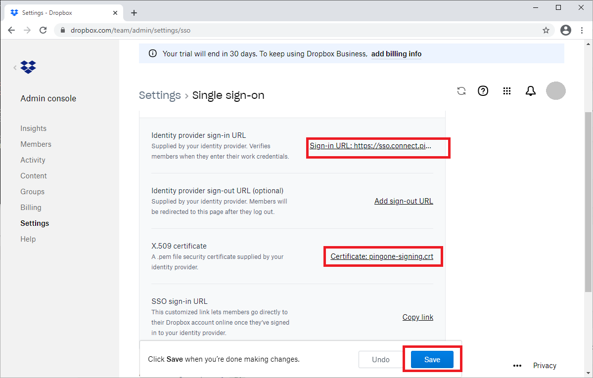 Screen capture of Dropbox SSO settings with the IdP sign-in URL, X.509 certificate, and Save button highlighted in red.