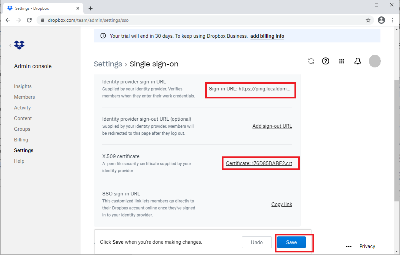 Screen capture of Dropbox SSO settings with the IdP sign-in URL, X.509 certificate, and Save button all highlighted in red.