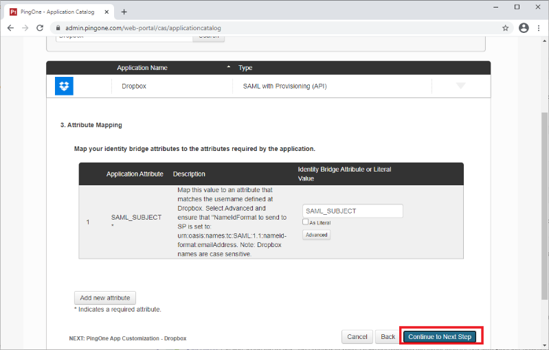 Screen capture of PingOne for Enterprise Application Attribute Mapping section with the Continue to Next Step button highlighted in red.