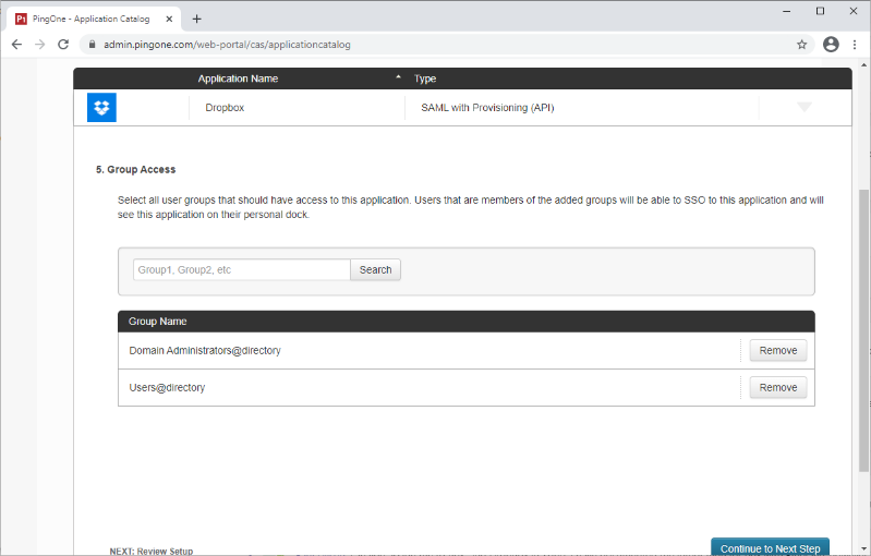 Screen capture of PingOne for Enterprise Application Group Access section.