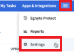 Screen capture of Egnyte menu icon and Settings highlighted in red.