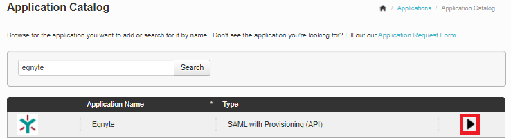 Screen capture of PingOne for Enterprise Application Catalog with Egnyte displayed as the search result and the expansion arrow in the table highlighted in red.