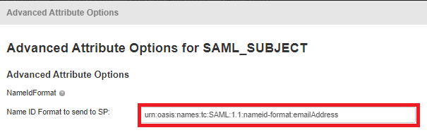 Screen capture of PingOne for Enterprise Advanced Attribute Options for SAML_SUBJECT with the Name ID Format to send to SP highlighted in red.