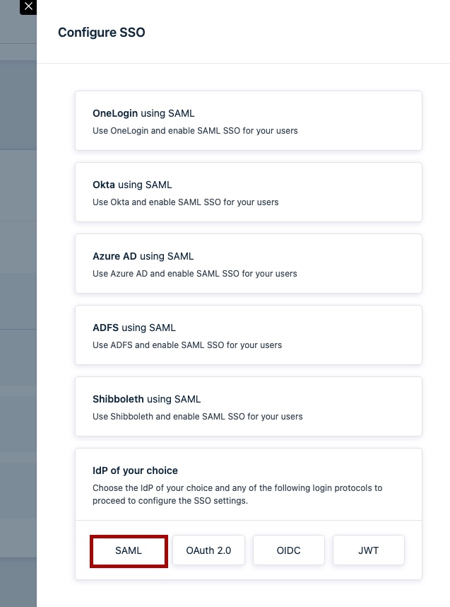 Screen capture of Configure SSO panel with SAML highlighted in red.