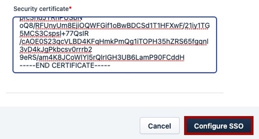 Screen capture of Security certificate section with Configure SSO highlighted in red.