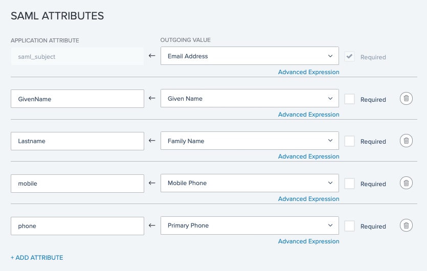 Screen capture of SAML Attributes section.