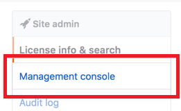 Screen capture of GitHub Site admin controls with Management console highlighted in red.