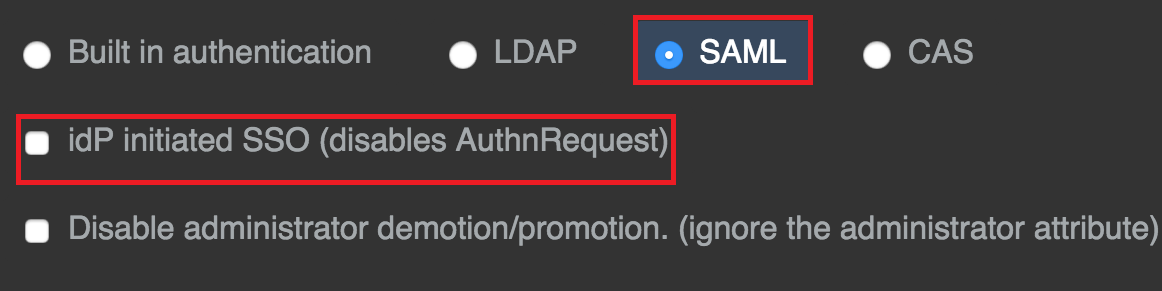 Screen capture of GitHub Authentication settings with SAML checked and idP initiated SSO highlighted in red.