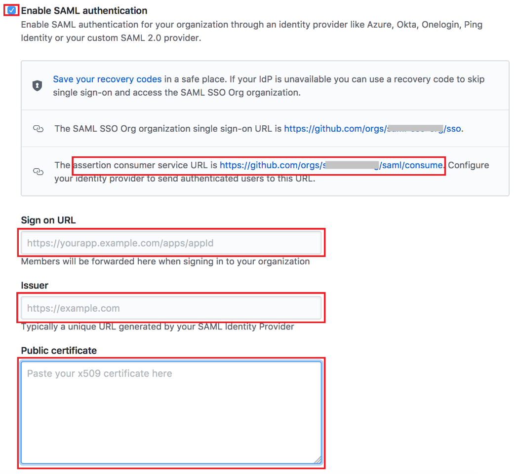 Screen capture of GitHub SAML settings with the Enable SAML authentication checkbox, assertion consumer service URL, Sign on URL, Issuer URL, and Public certificate highlighted in red.