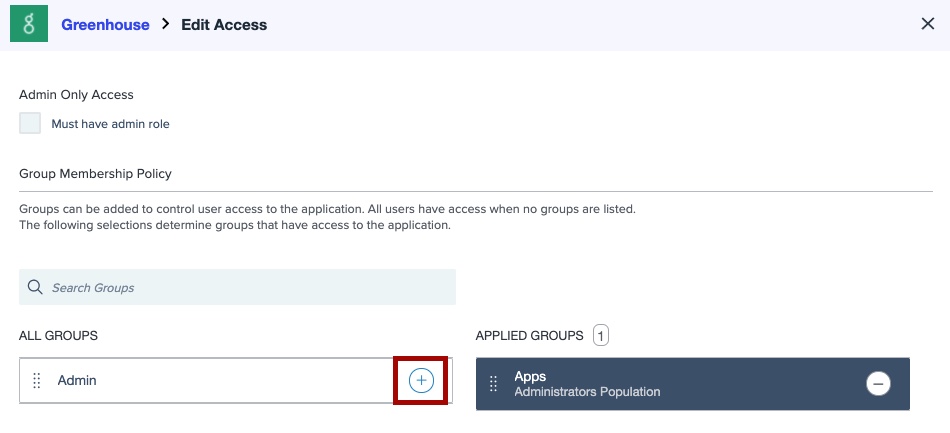 Screen capture of Greenhouse Edit Access section with the plus icon next to Admin group highlighted in red.