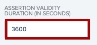 Screen capture of PingOne Assertion Validity Duration field with 3600 input and highlighted in red.