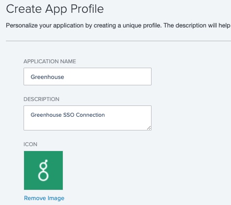 Screen capture of PingOne Create App Profile with Greenhouse information populated.