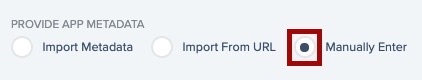 Screen capture of PingOne App Metadata section with the Manually Enter radio button selected.