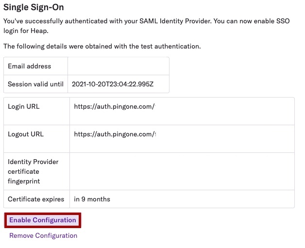 Screen capture of Heap SSO section with Enable Configuration highlighted in red.