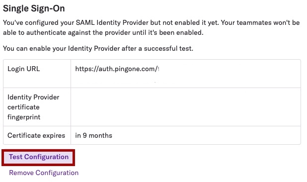 Screen capture of Heap SSO section with Test Configuration highlighted in red.